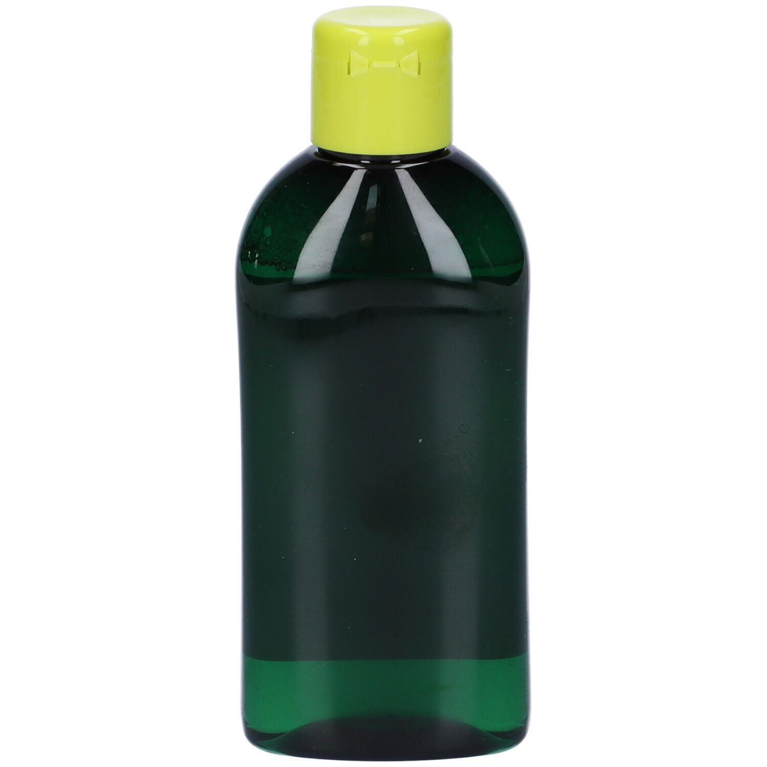 Flacon vert de Liperol Plus Olio Shampoo avec bouchon jaune. Produit sans étiquette.