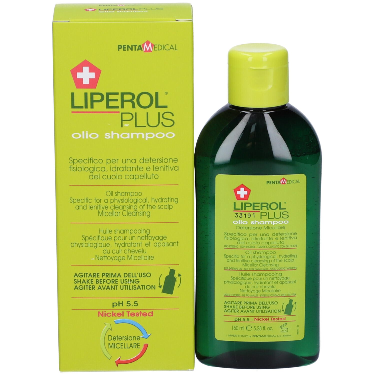 Flacon et boîte de Liperol Plus Olio Shampoo. Boîte avec informations et logo.
