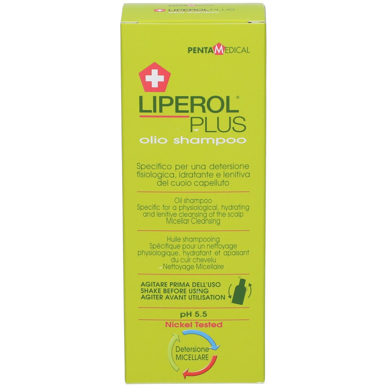 Boîte verte de Liperol Plus Olio Shampoo. Face avant avec nom, logo et informations.