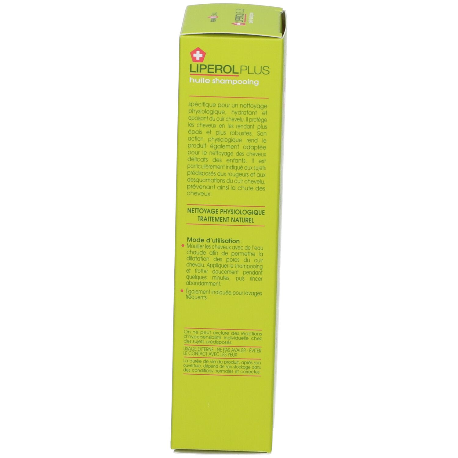 Boîte verte Liperol Plus Olio Shampoo. Côté gauche avec informations et instructions.