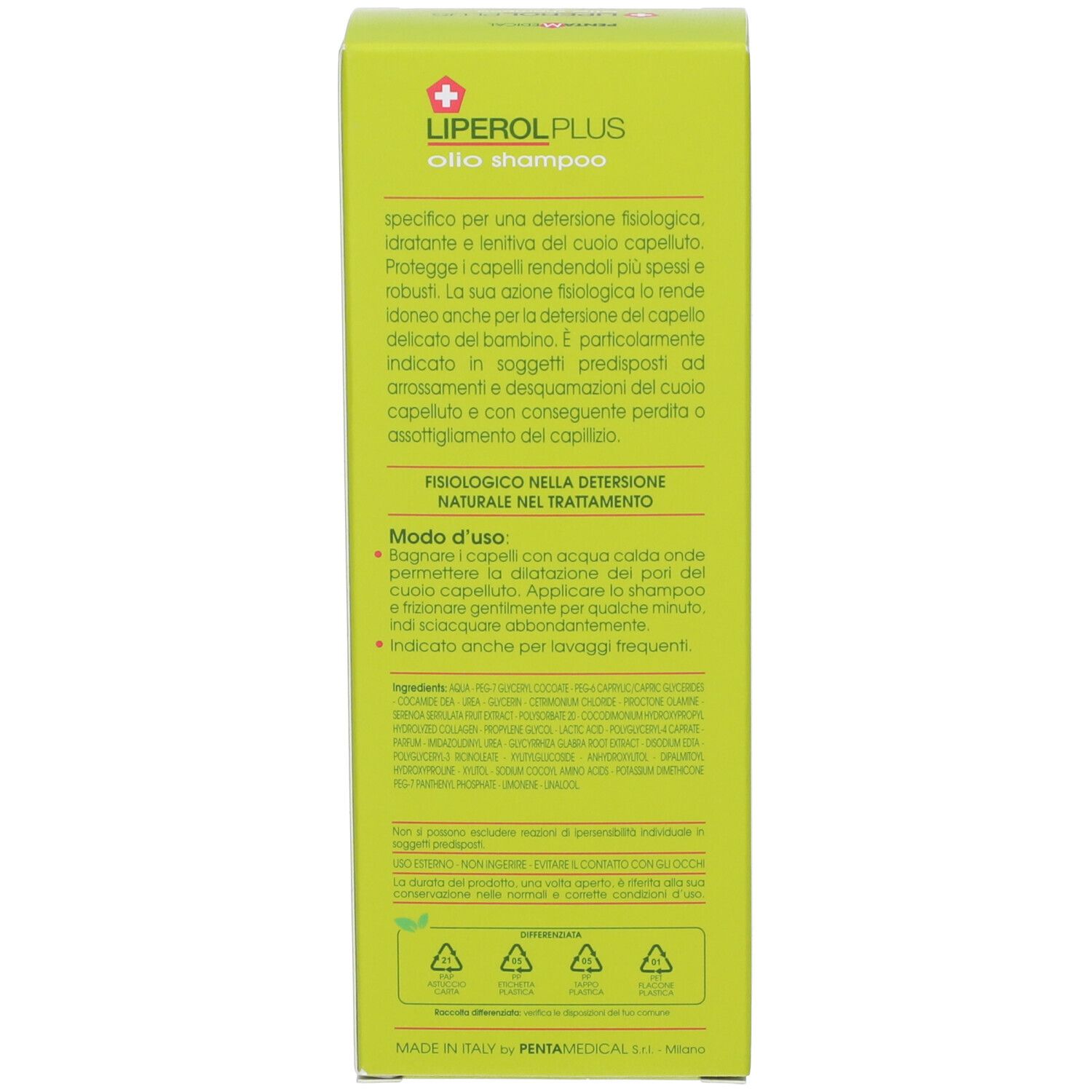 Boîte verte Liperol Plus Olio Shampoo. Arrière avec informations et instructions.