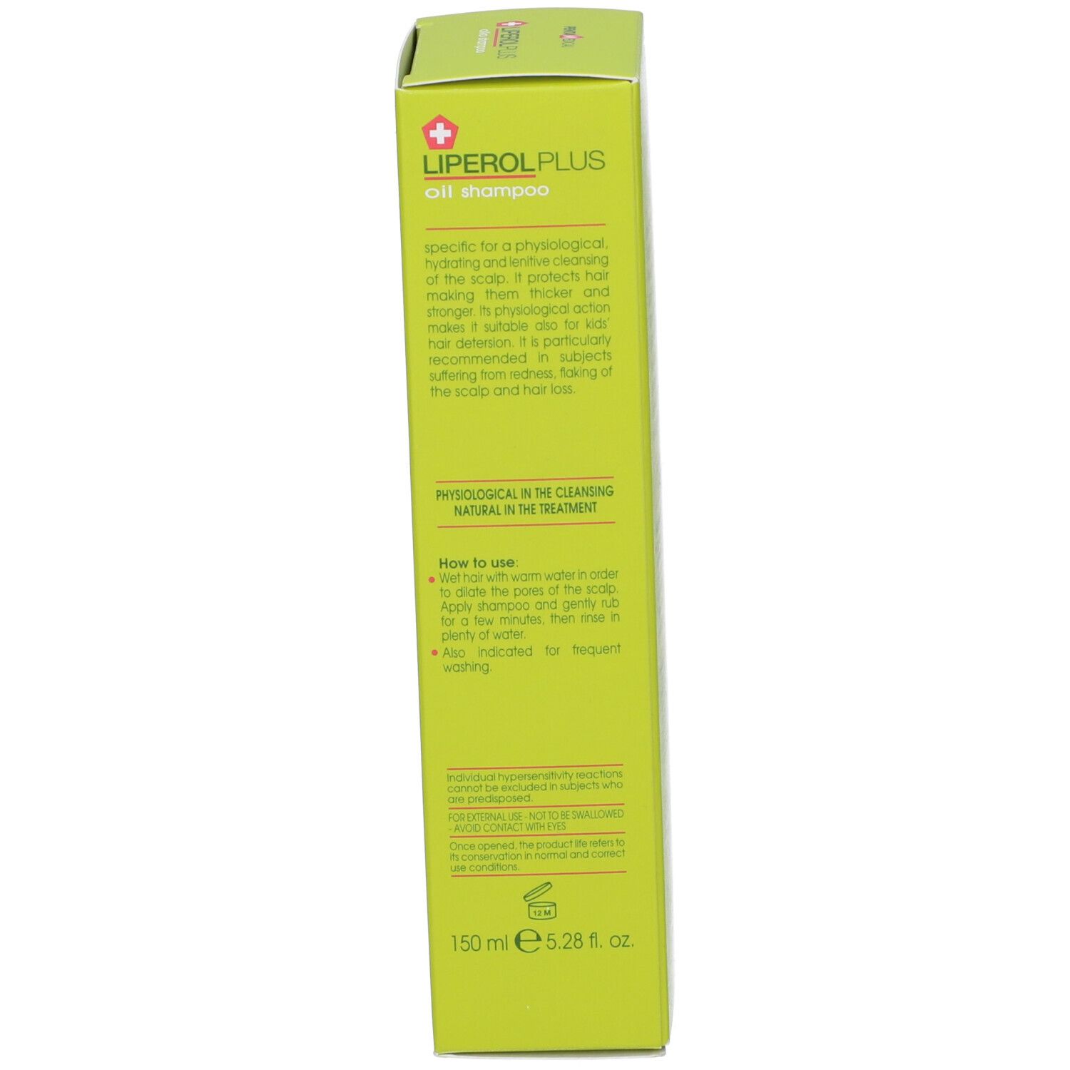 Boîte verte Liperol Plus Olio Shampoo. Côté droit avec informations et volume.