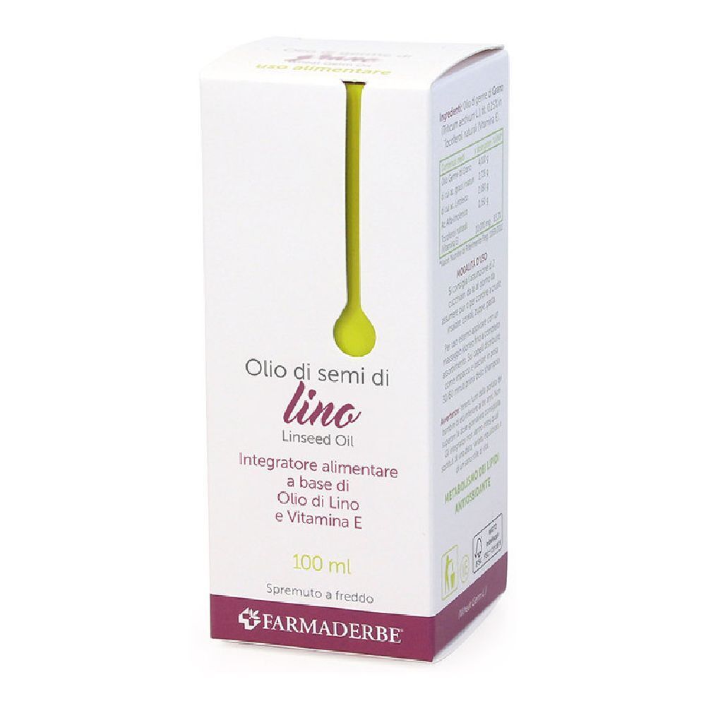 Confezione bianca con scritta « Olio di semi di lino ». Contiene olio di semi di lino e vitamina E. Marca: Farmaderbe.