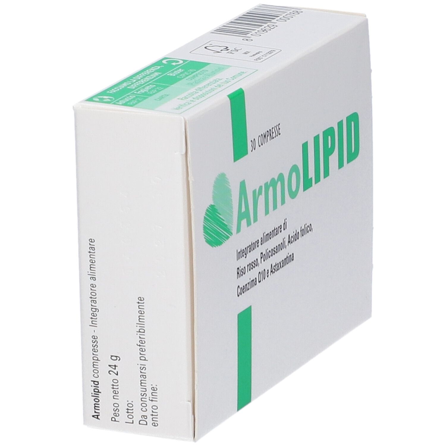 Weiße Schachtel mit grünem Streifen und Schriftzug ArmoLIPID. Enthält 30 Tabletten. Seitenansicht.