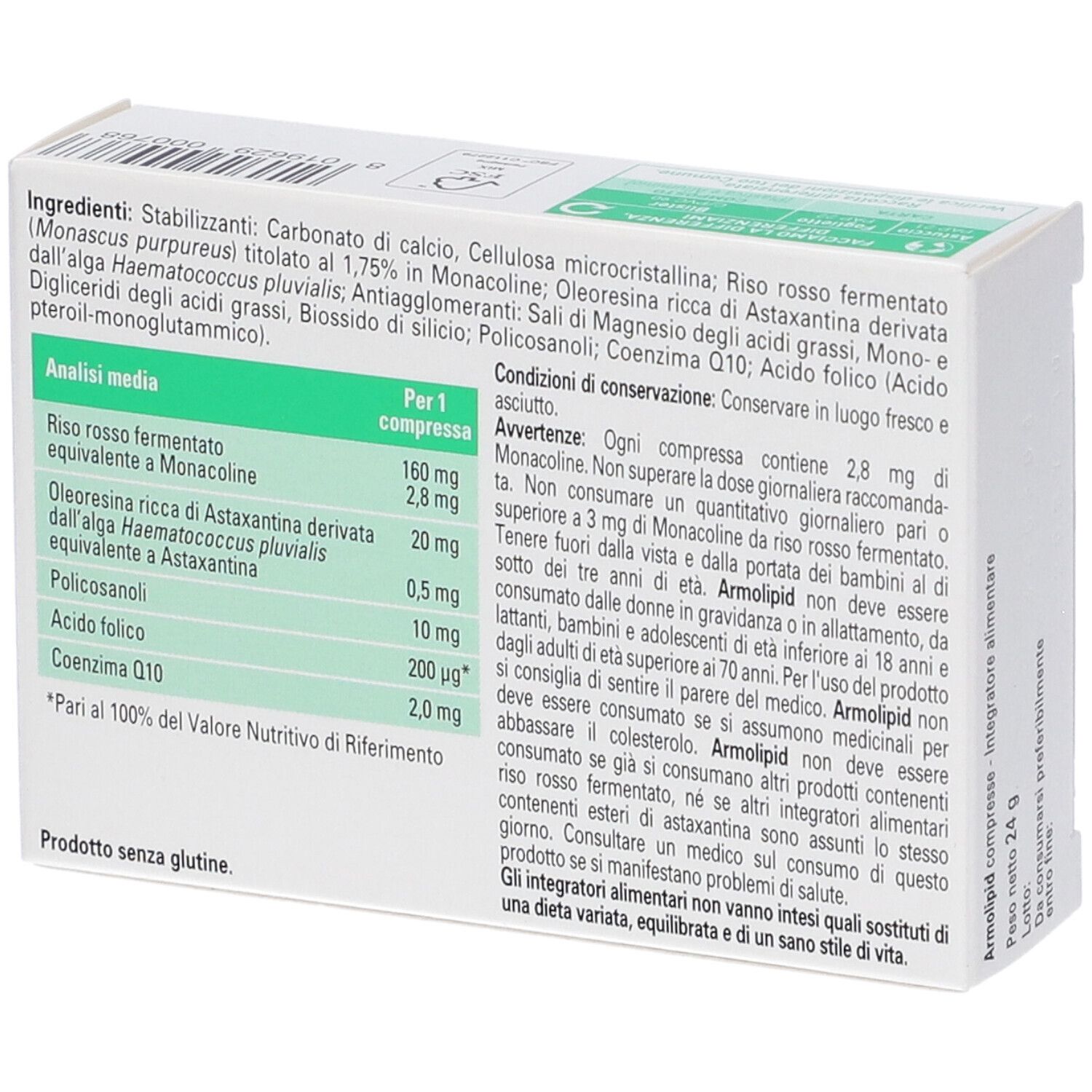 Rückseite der ArmoLIPID-Schachtel. Enthält Informationen zu Inhaltsstoffen, Nährwerten und Warnhinweisen.