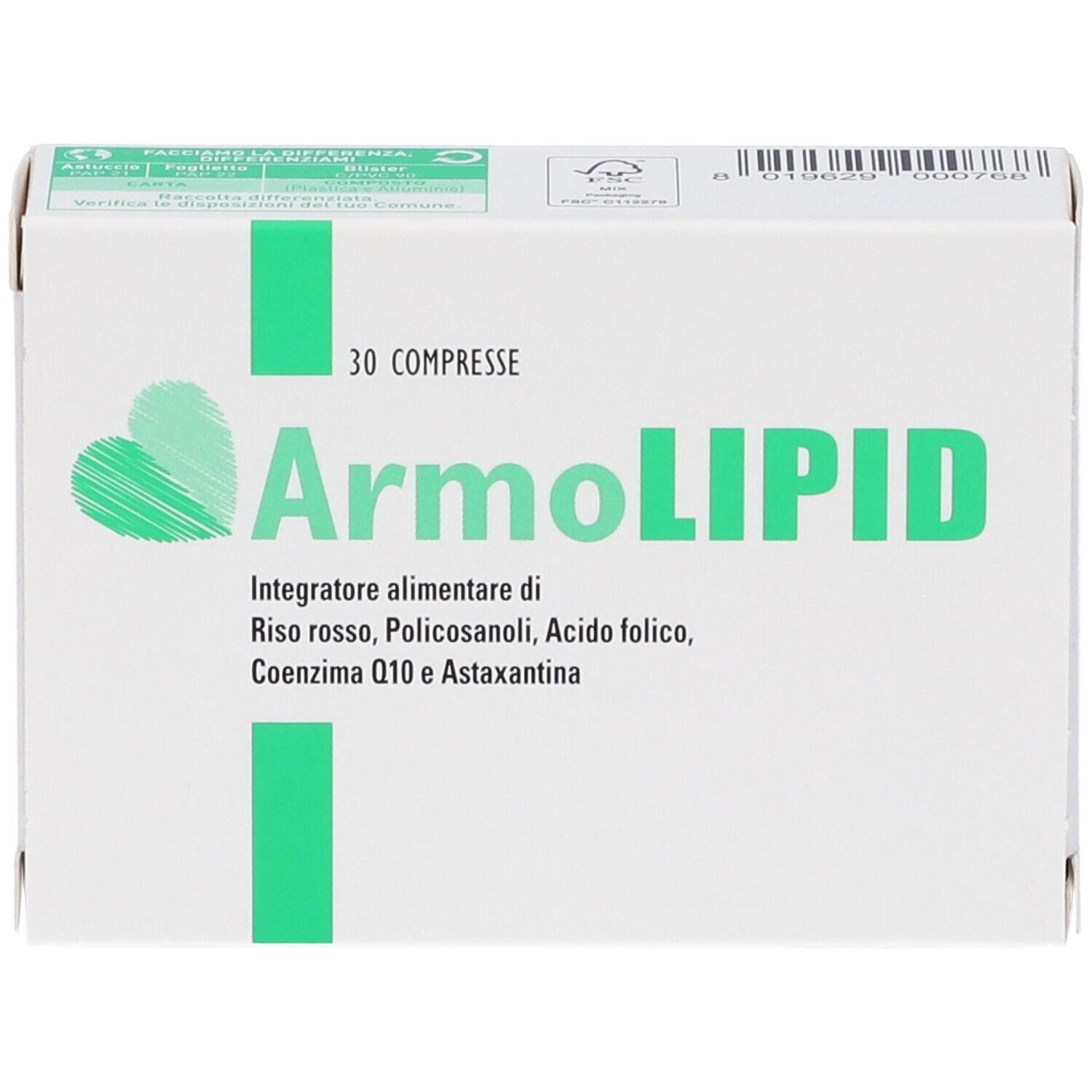 Weiße Schachtel mit grünem Streifen und Schriftzug ArmoLIPID. Enthält 30 Tabletten. Vorderansicht.