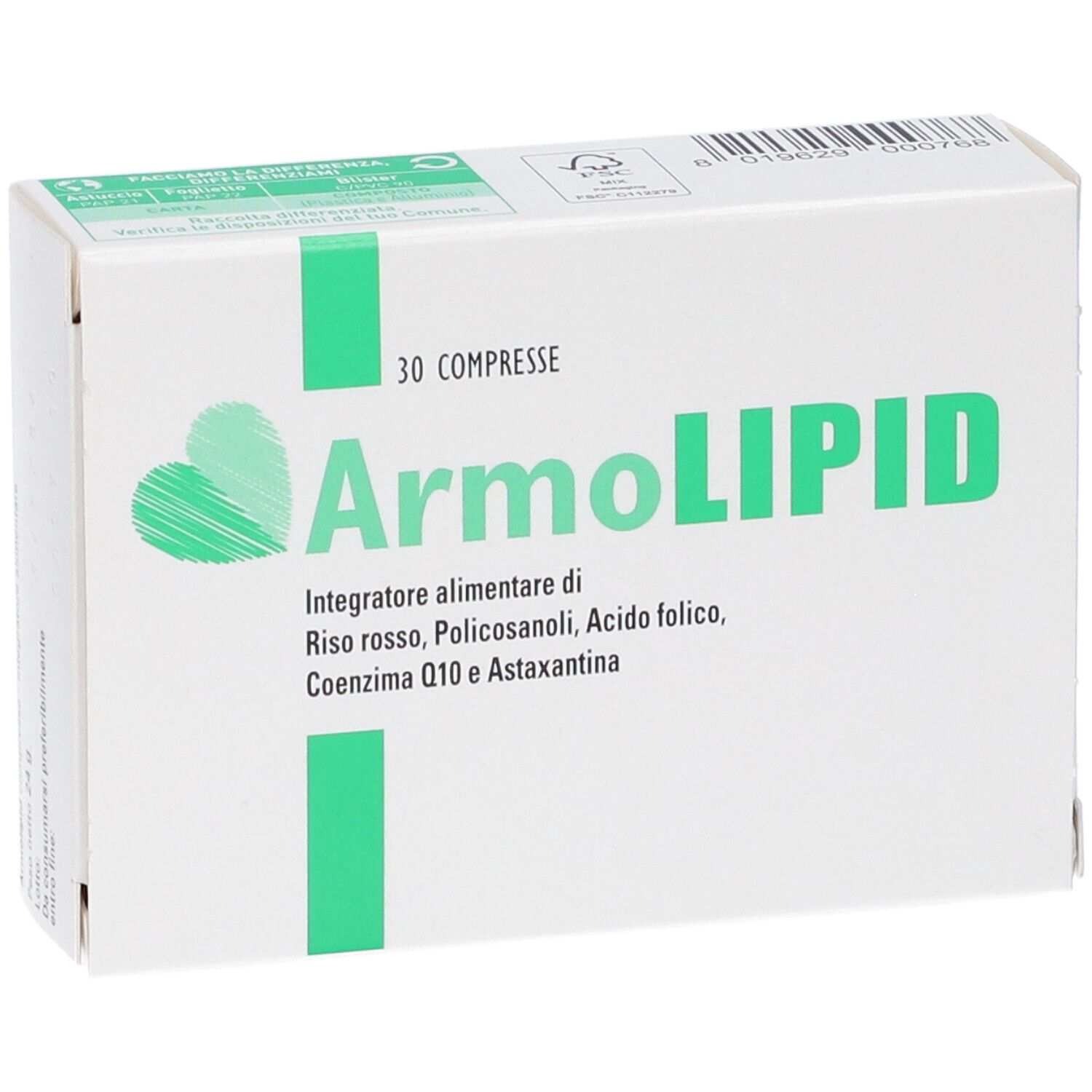 Weiße Schachtel mit grünem Streifen und Schriftzug ArmoLIPID. Enthält 30 Tabletten. Vorderansicht.