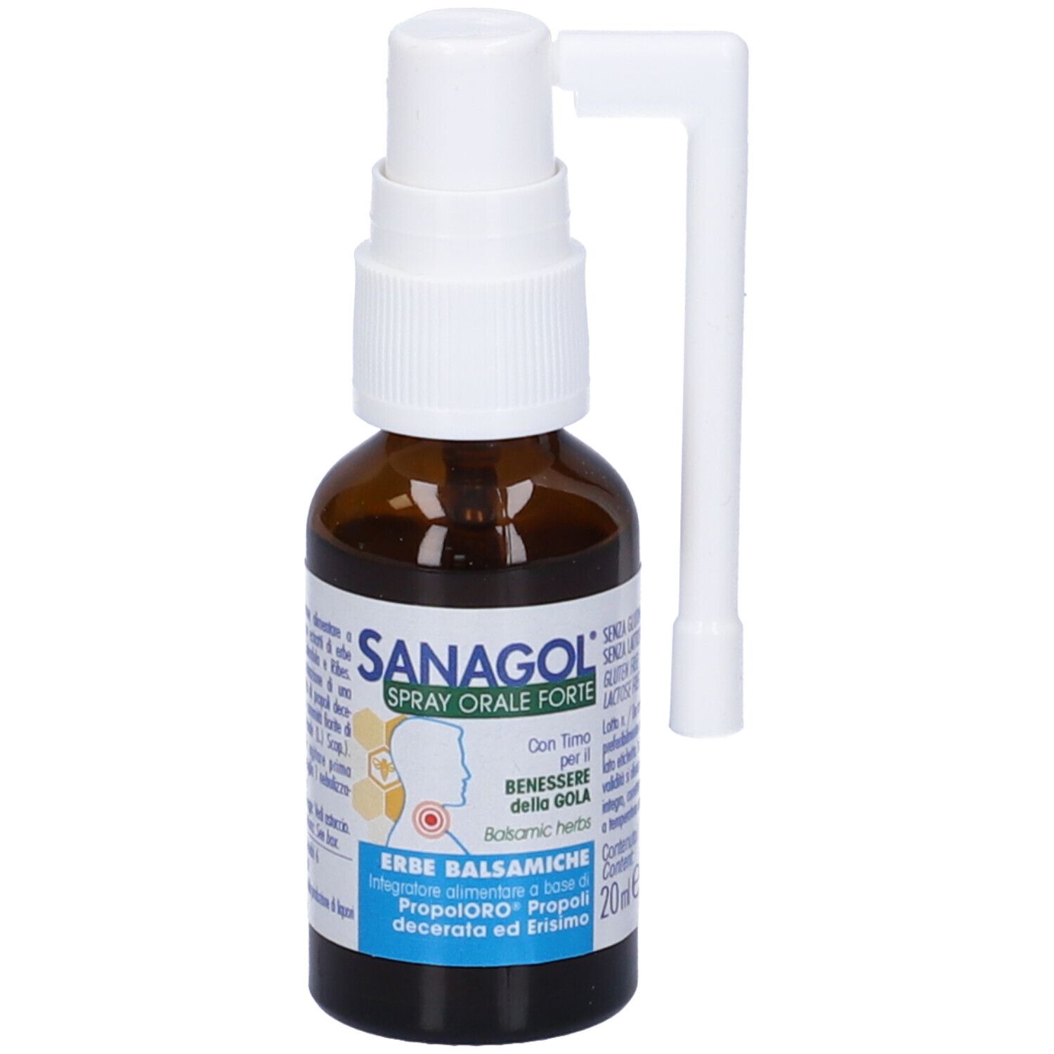 Sanagol Spray Forte, flacone con nebulizzatore. Flacone in vetro marrone, nebulizzatore bianco. Testo: Spray Orale Forte, Erbe Balsamiche.