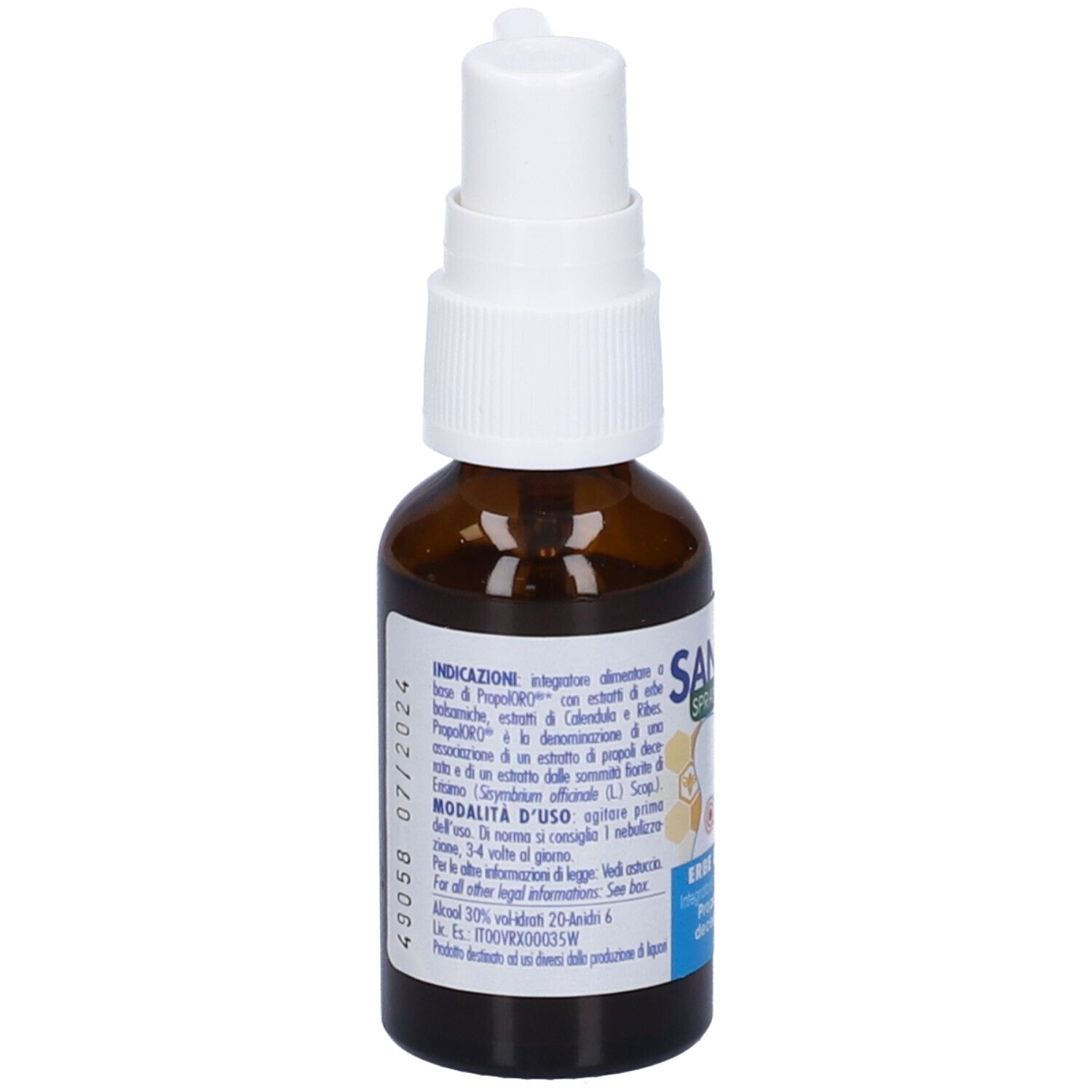Sanagol Spray Forte, flacone. Flacone in vetro marrone, nebulizzatore bianco. Testo: Spray Orale Forte, Erbe Balsamiche, 20 ml.