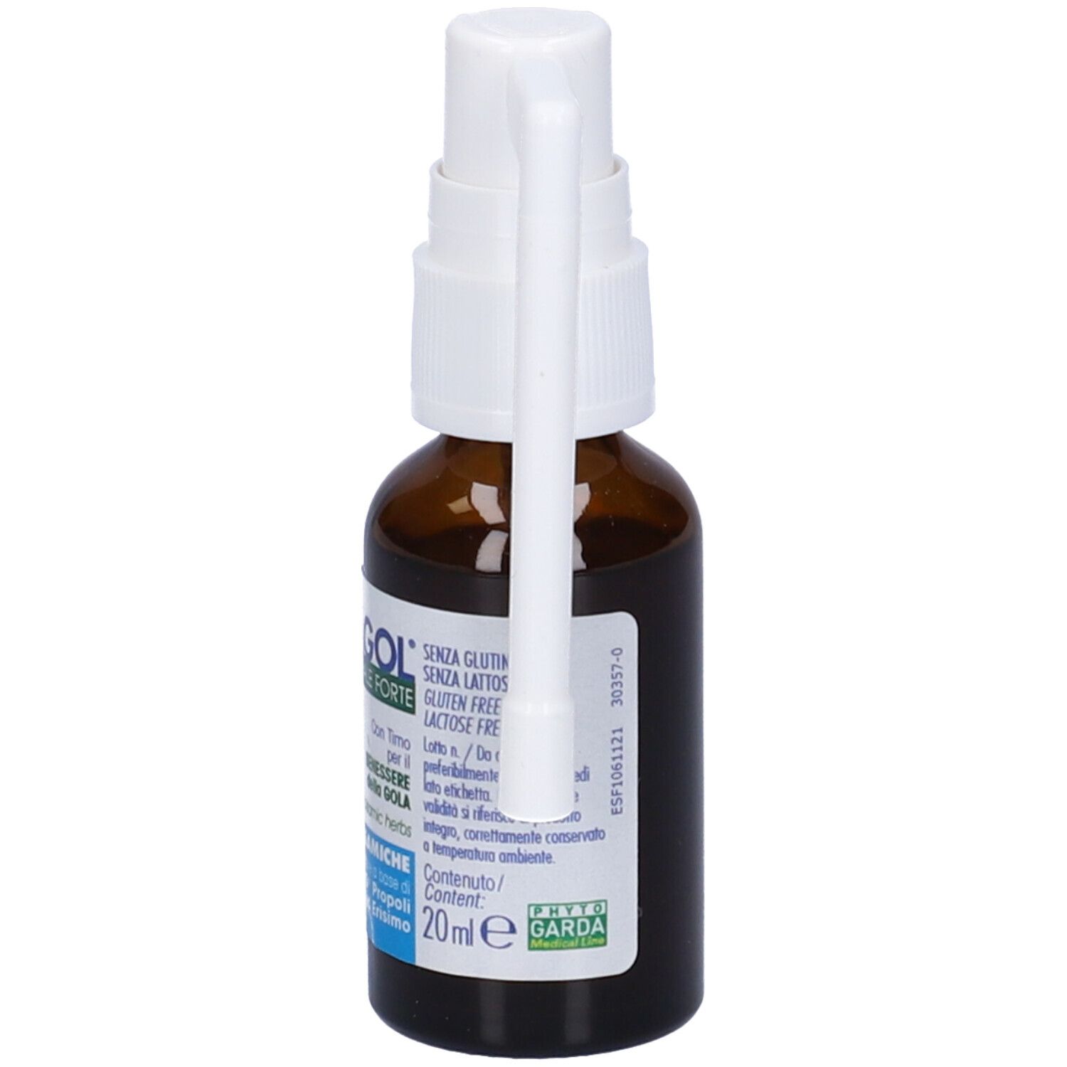 Sanagol Spray Forte, flacone. Flacone in vetro marrone, nebulizzatore bianco. Testo: Spray Orale Forte, Erbe Balsamiche, 20 ml.