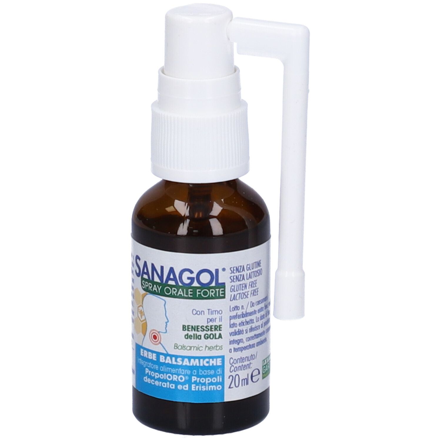Sanagol Spray Forte, flacone. Flacone in vetro marrone, nebulizzatore bianco. Testo: Spray Orale Forte, Erbe Balsamiche, 20 ml.