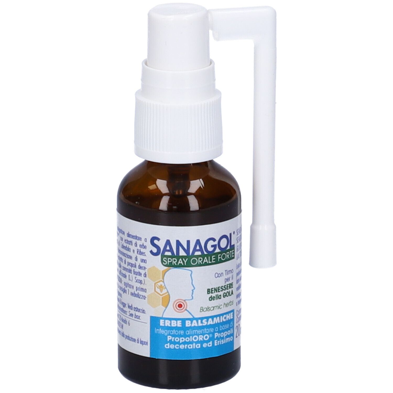 Sanagol Spray Forte, flacone. Flacone in vetro marrone, nebulizzatore bianco. Testo: Spray Orale Forte, Erbe Balsamiche, 20 ml.