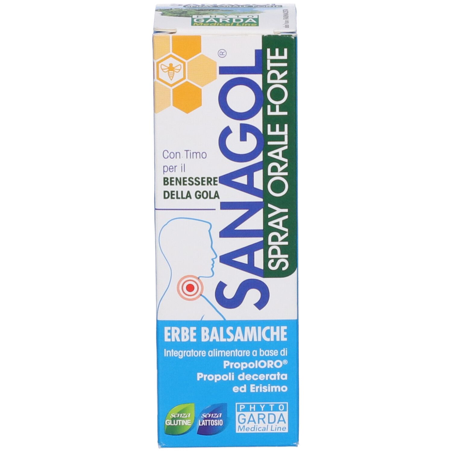 Sanagol Spray Forte, confezione. Verde e bianco. Testo: Spray Orale Forte, Erbe Balsamiche, senza glutine, senza lattosio. Motivo a nido d'ape.