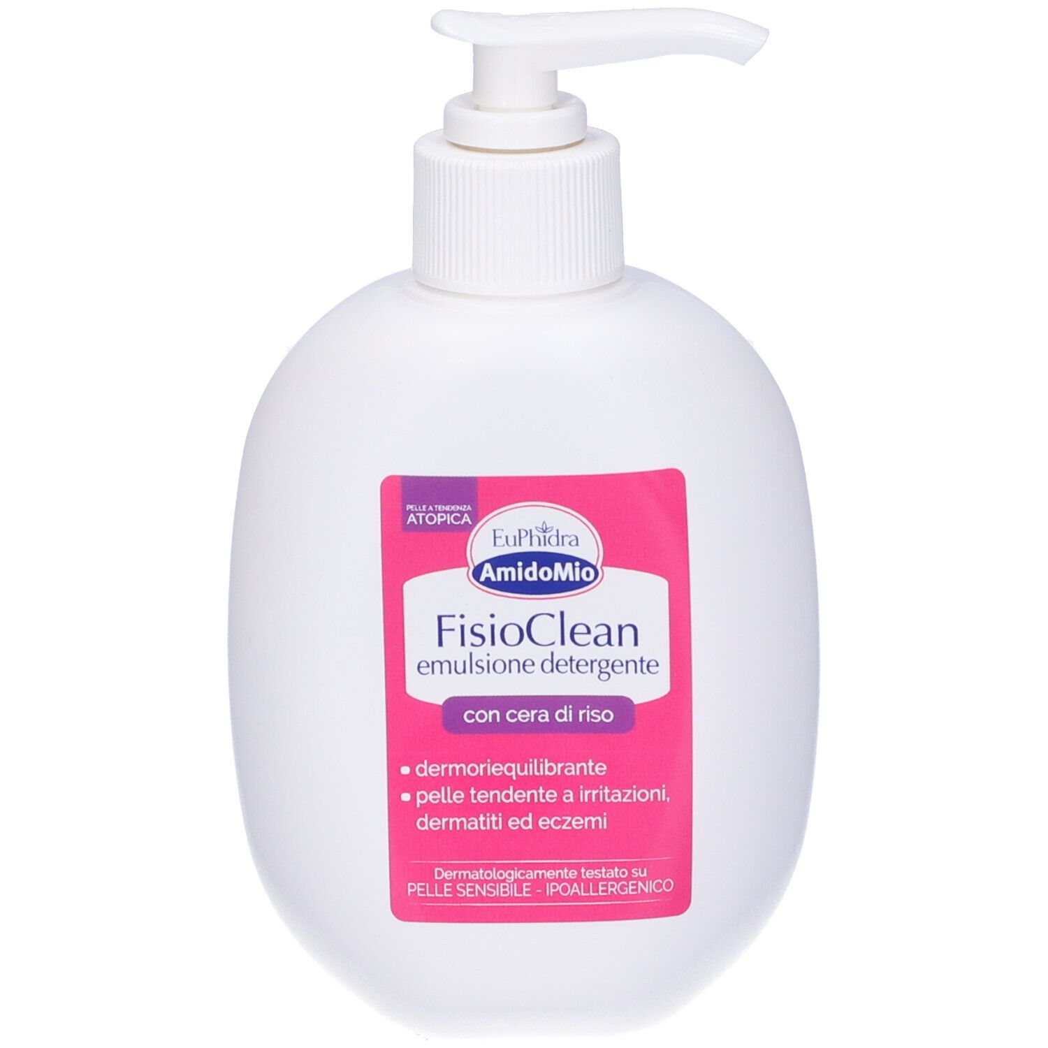 Flacone bianco con dosatore a pompa. Etichetta rosa con nome prodotto e ingredienti. Testo in italiano.