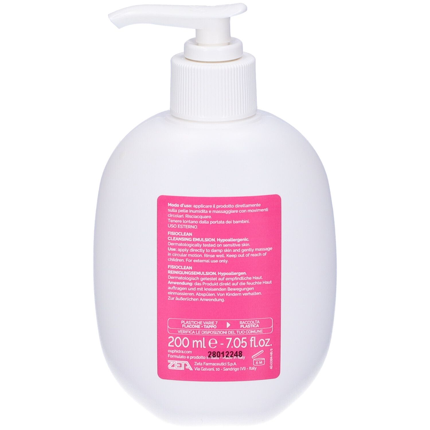 Retro di flacone bianco con dosatore a pompa. Etichetta rosa con informazioni prodotto e testo in italiano.