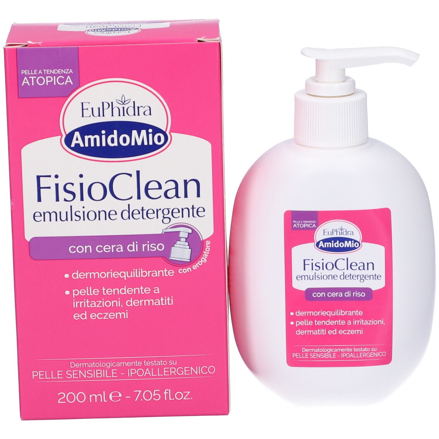 Prodotto e confezione. Flacone bianco con dosatore a pompa accanto a scatola rosa. Nome prodotto e testo su entrambi.