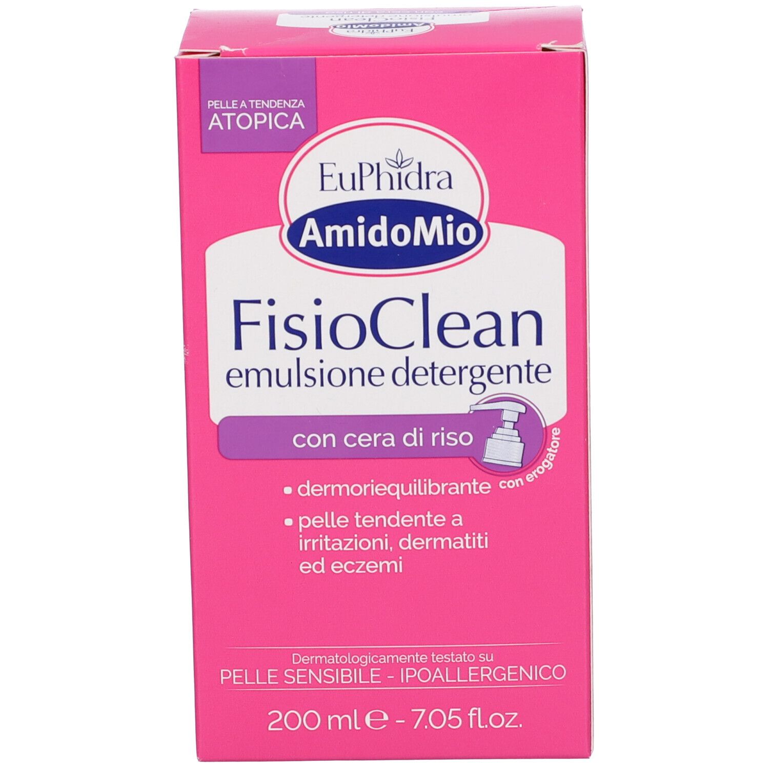 Scatola rosa con nome prodotto e informazioni. Testo bianco su sfondo rosa. Illustrazione del prodotto.