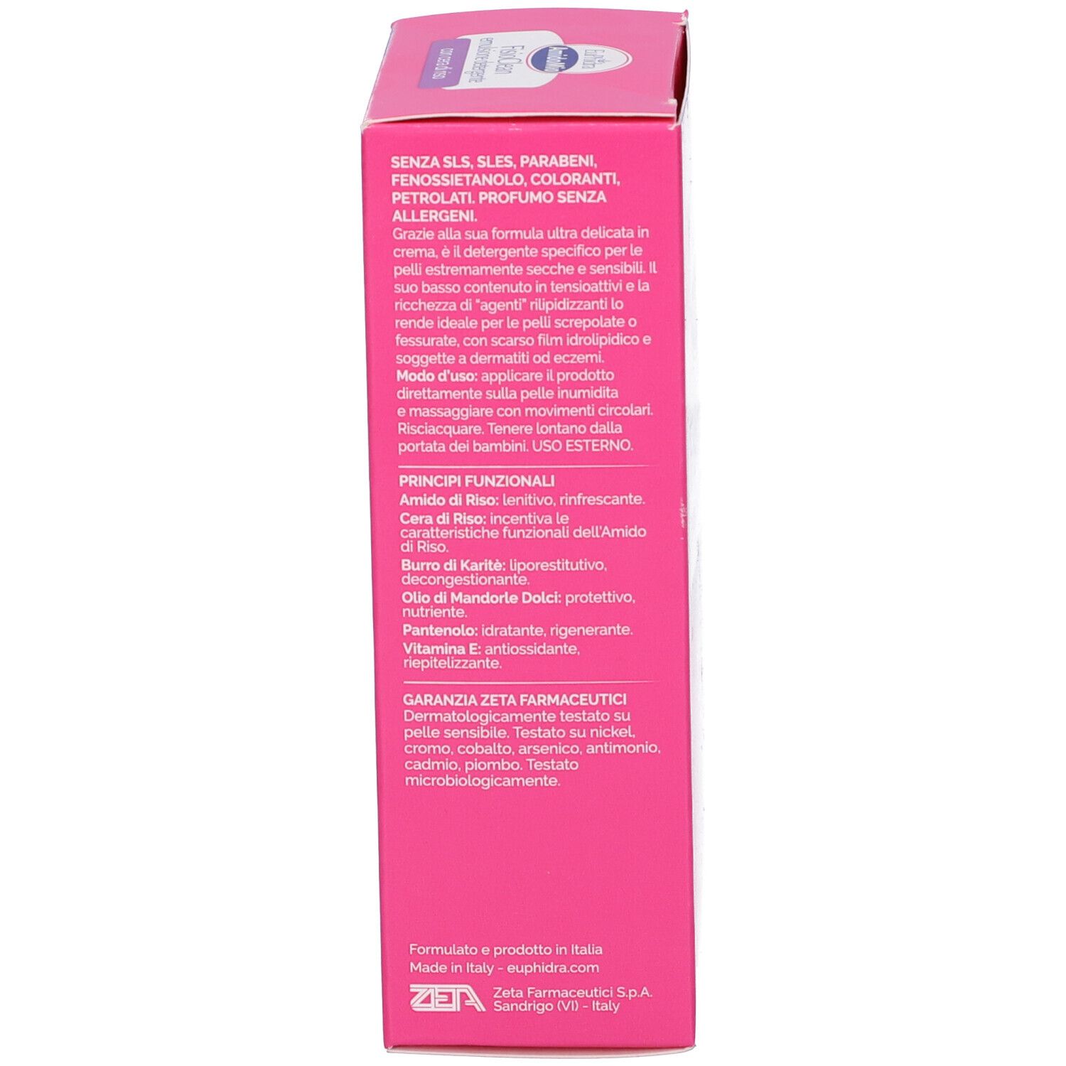 Confezione rosa con testo. Informazioni sul prodotto e ingredienti in italiano. Testo bianco.
