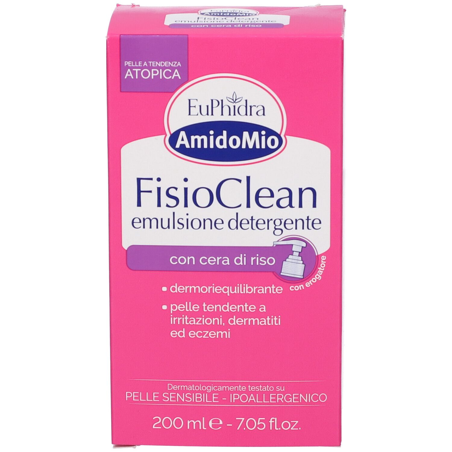 Scatola rosa con nome prodotto e informazioni. Testo bianco su sfondo rosa. Illustrazione del prodotto.