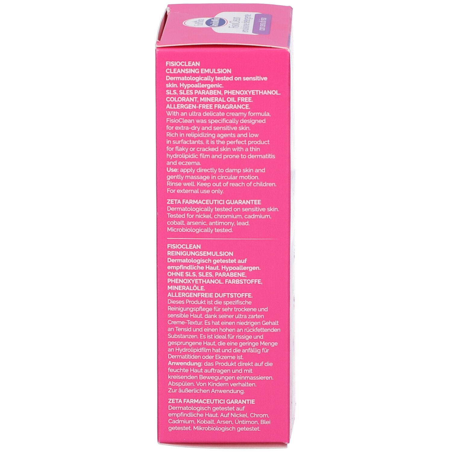 Confezione rosa con testo. Informazioni sul prodotto e ingredienti in italiano. Testo bianco.