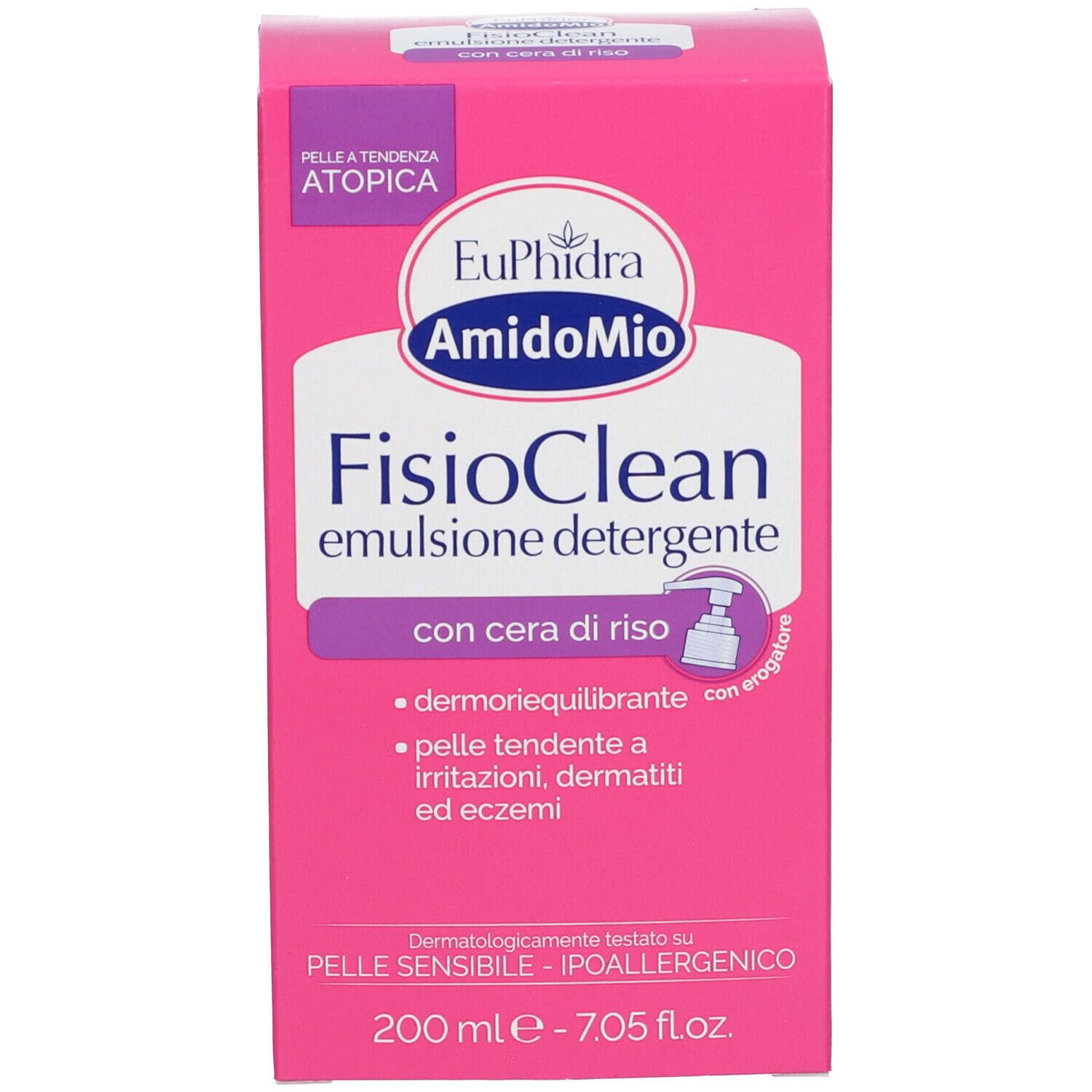Scatola rosa con nome prodotto e informazioni. Testo bianco su sfondo rosa. Illustrazione del prodotto.