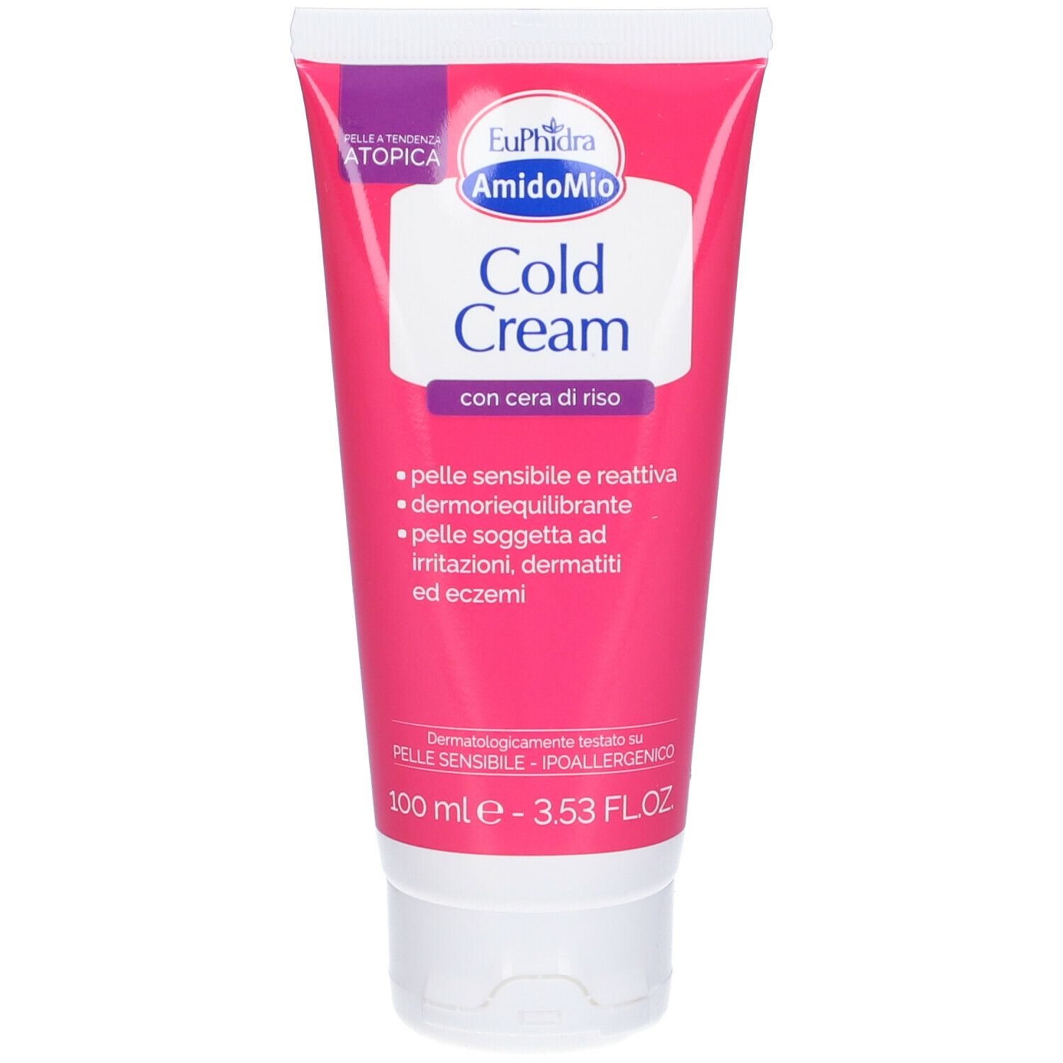 Tubo rosa con etichetta bianca. Scritto: Cold Cream. Contiene cera di riso. Per pelli sensibili. Dermatologicamente testato.