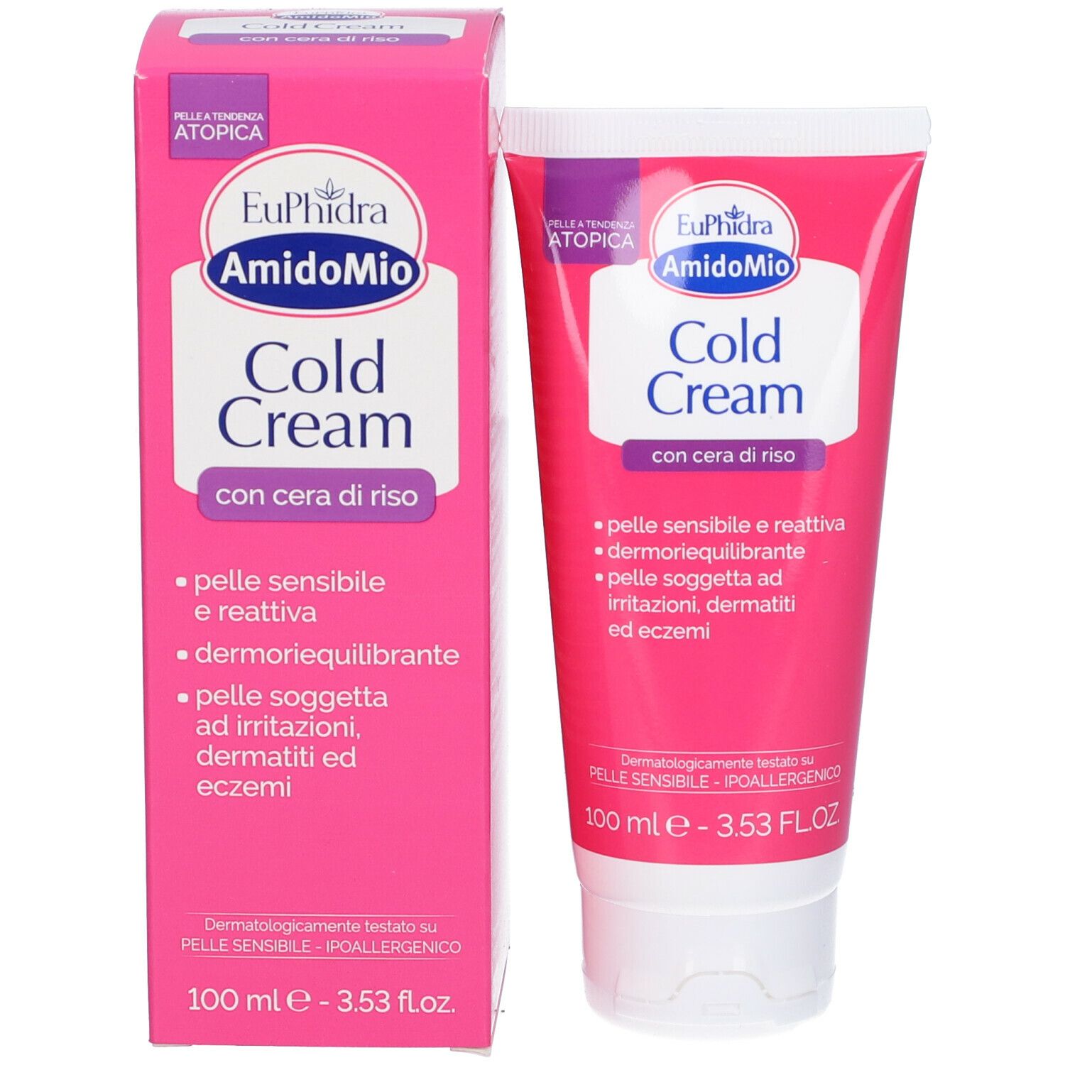Confezione e tubo. Confezione rosa con etichetta bianca. Scritto: Cold Cream. Contiene cera di riso. Per pelli sensibili.
