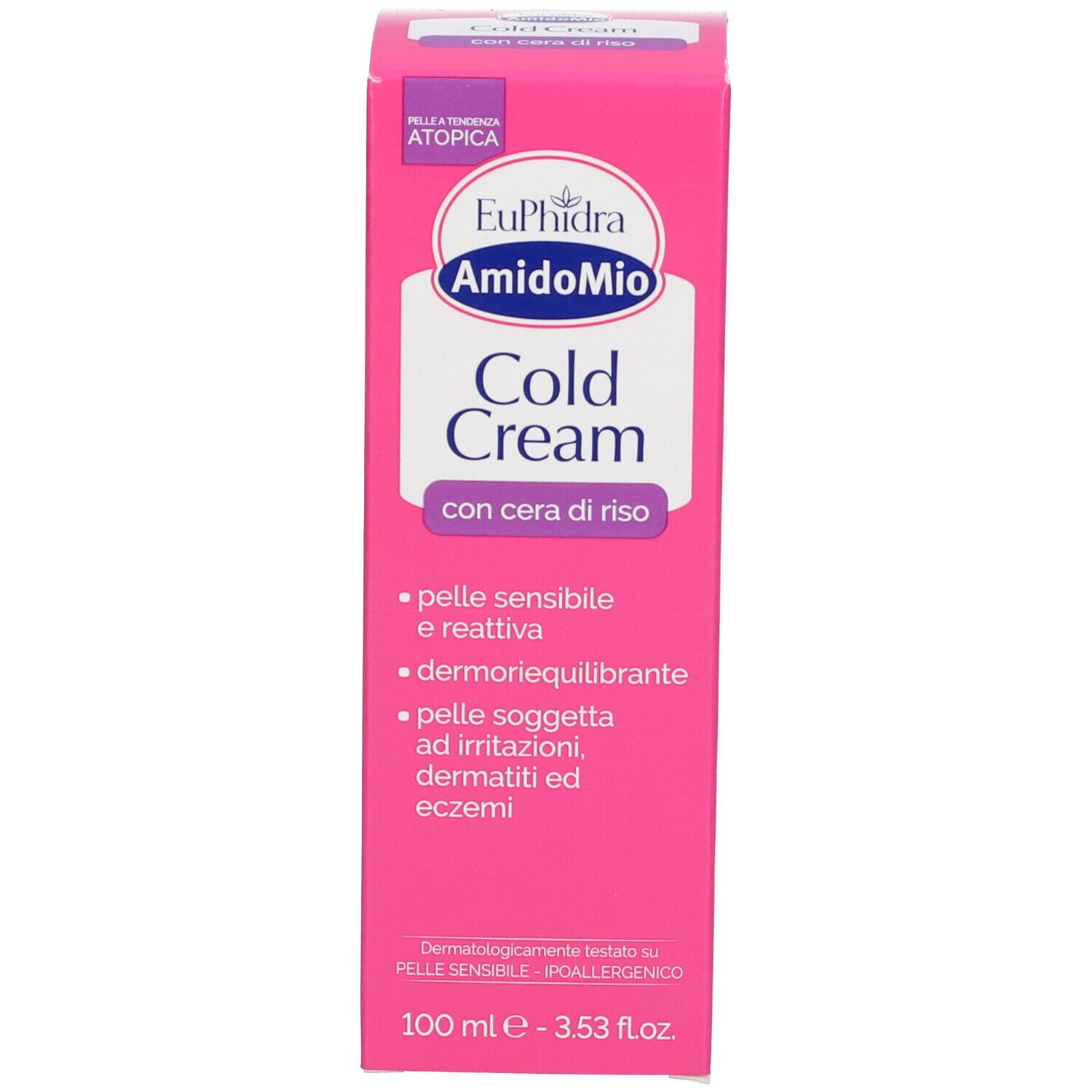 Confezione rosa con etichetta bianca. Scritto: Cold Cream. Contiene cera di riso. Per pelli sensibili. Dermatologicamente testato.