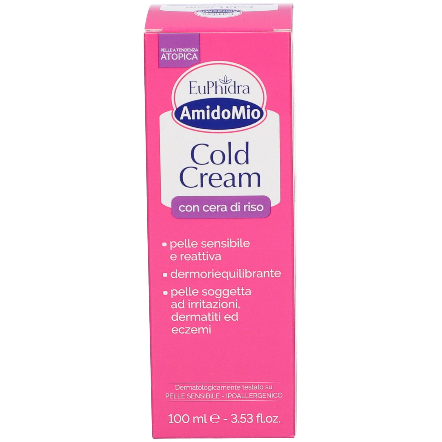 Confezione rosa con etichetta bianca. Scritto: Cold Cream. Contiene cera di riso. Per pelli sensibili. Dermatologicamente testato.