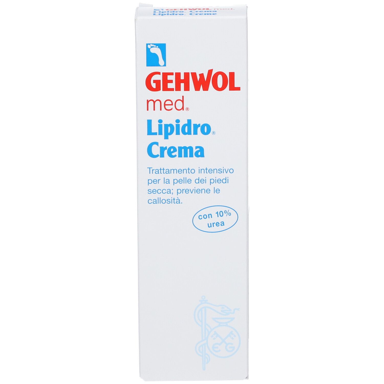 Verpackung von Gehwol med. Lipidro Crema. Text in Deutsch und Italienisch. Enthält 10% Urea.