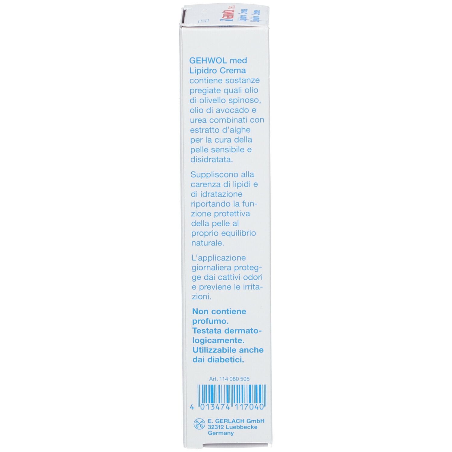 Seite der Verpackung von Gehwol med. Lipidro Crema. Text in Deutsch und Italienisch. Inhaltsstoffe.