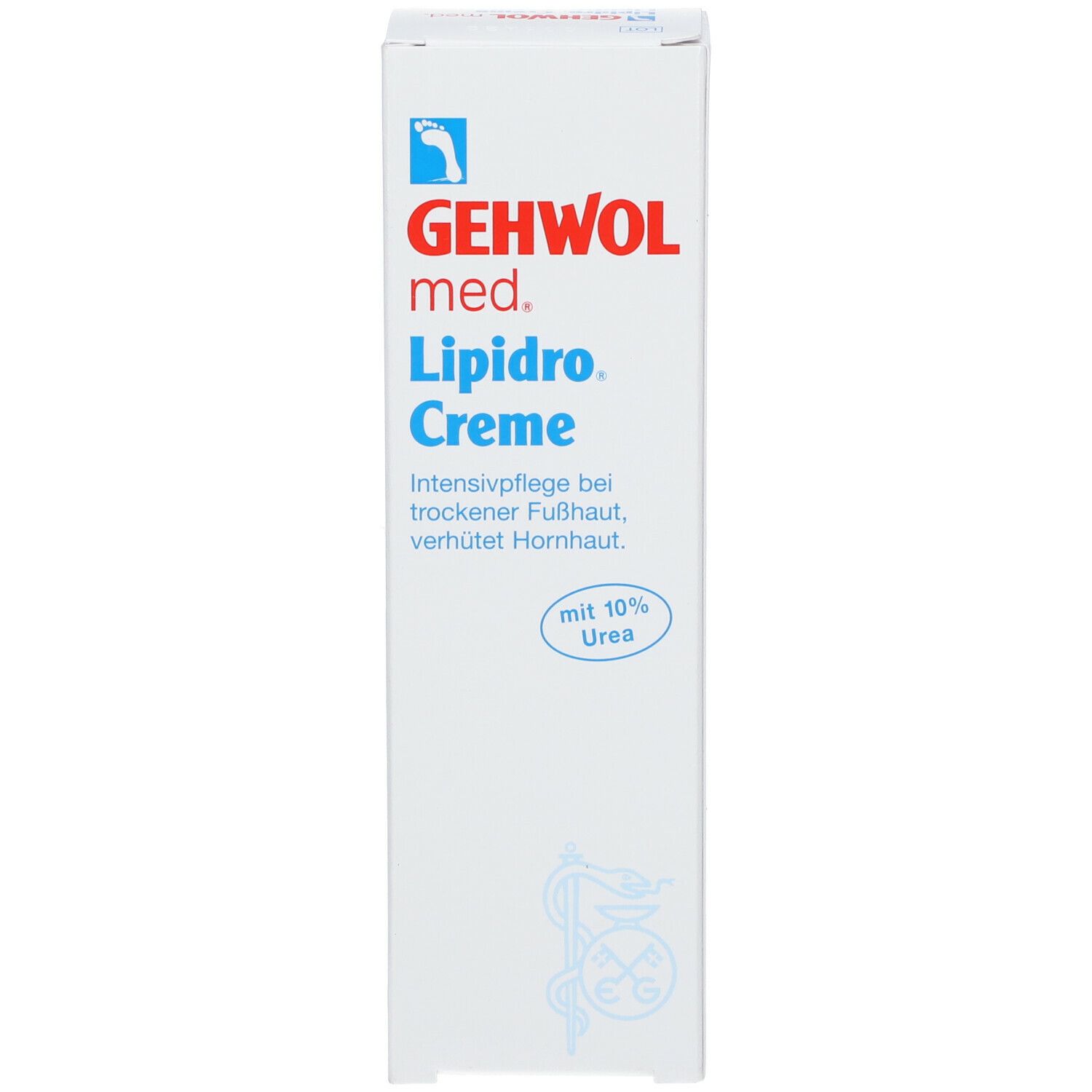 Vorderseite der Verpackung von Gehwol med. Lipidro Crema. Text in Deutsch. Enthält 10% Urea.
