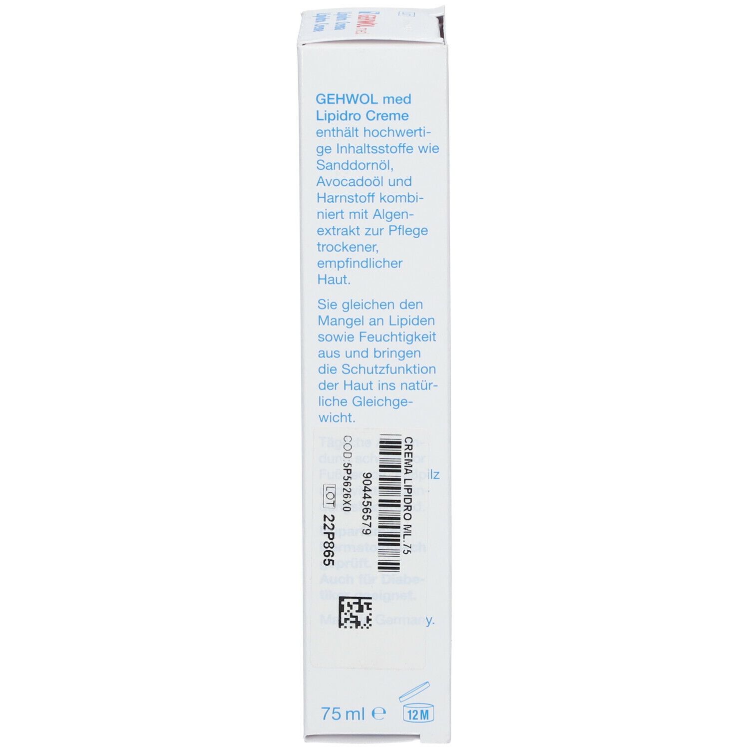 Seite der Verpackung von Gehwol med. Lipidro Crema. Enthält 75 ml. Text in Deutsch.