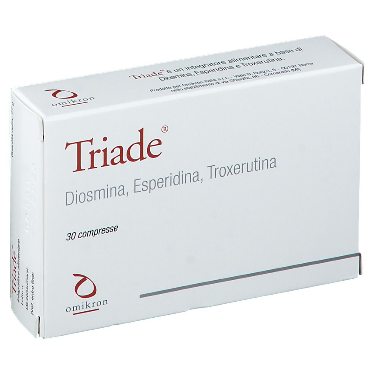 Boîte de comprimés "Triade". Inscriptions: Diosmina, Esperidina, Troxerutina. 30 comprimés. Logo Omikron.