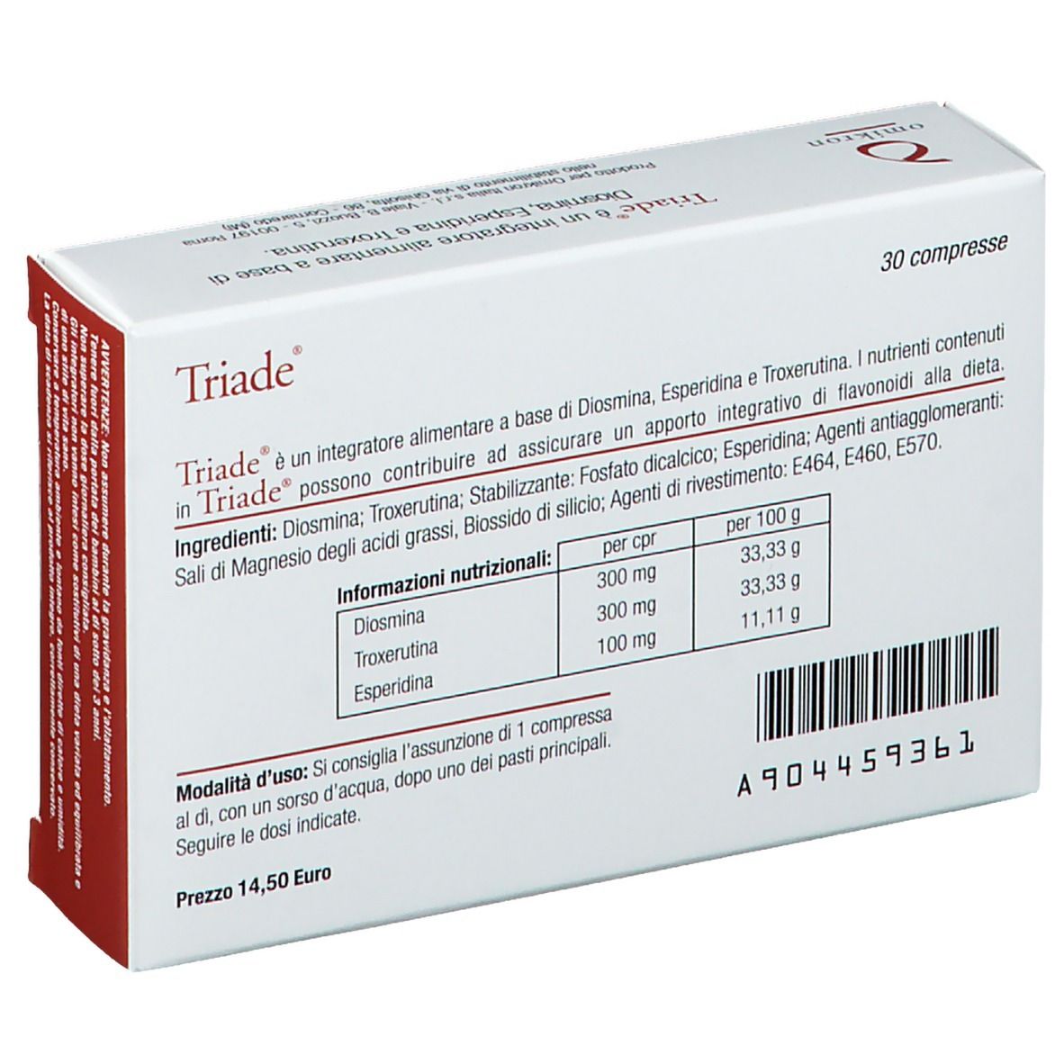 Dos de la boîte de comprimés "Triade". Ingrédients, informations nutritionnelles, mode d'emploi. 30 comprimés. Logo Omikron.