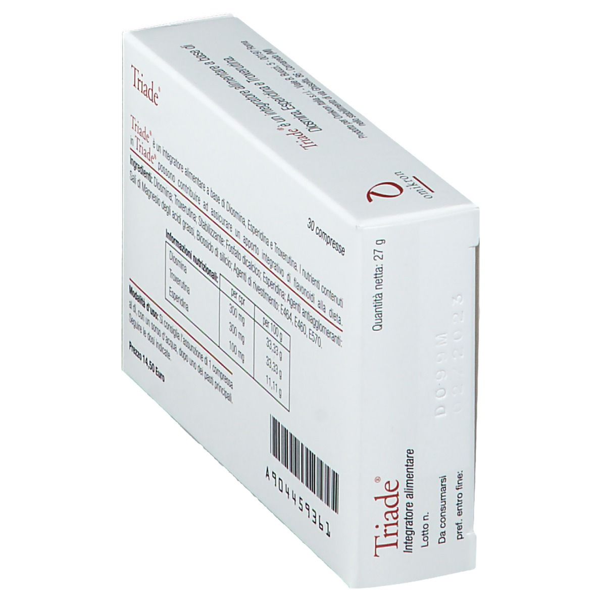 Boîte de comprimés "Triade", en biais. Inscriptions: Diosmina, Esperidina, Troxerutina. 30 comprimés. Logo Omikron.
