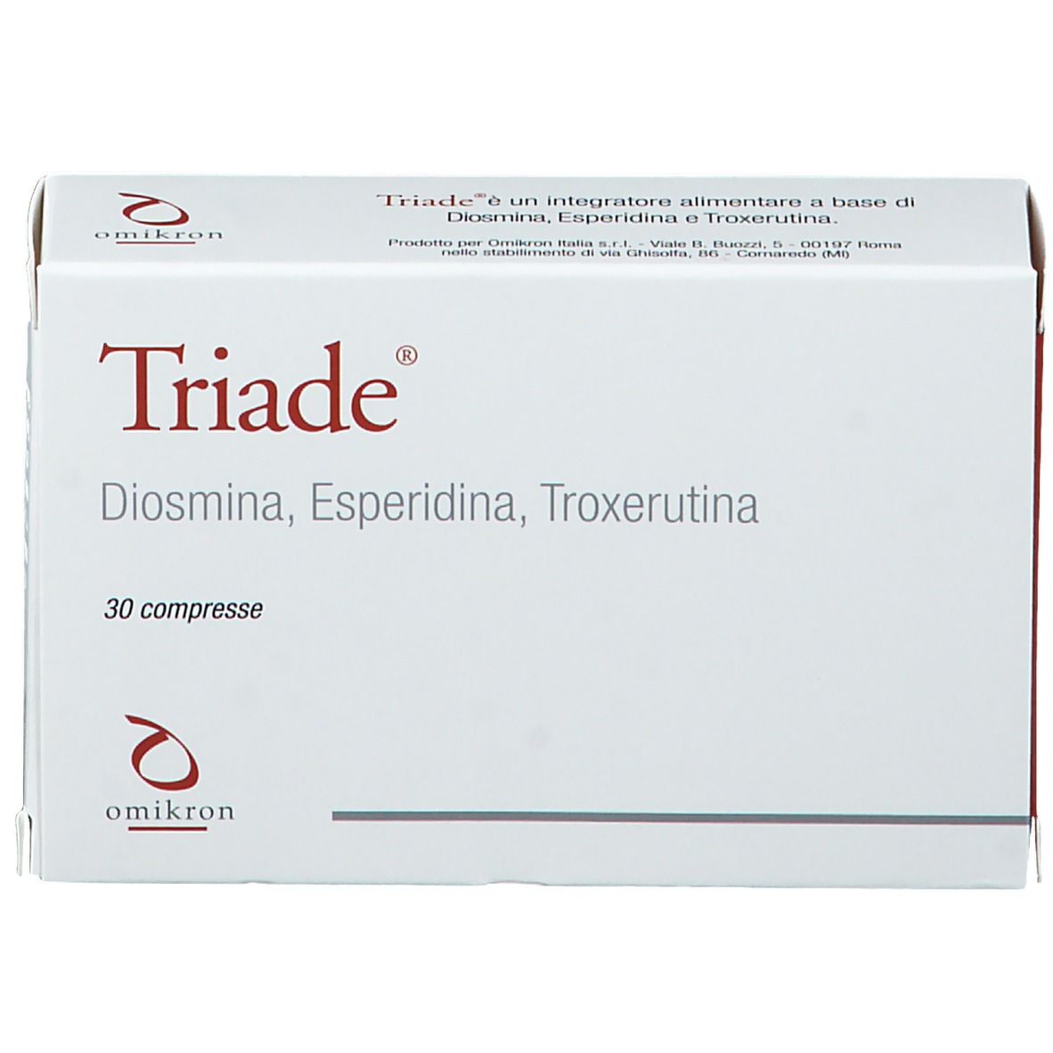 Boîte de comprimés "Triade". Inscriptions: Diosmina, Esperidina, Troxerutina. 30 comprimés. Logo Omikron.