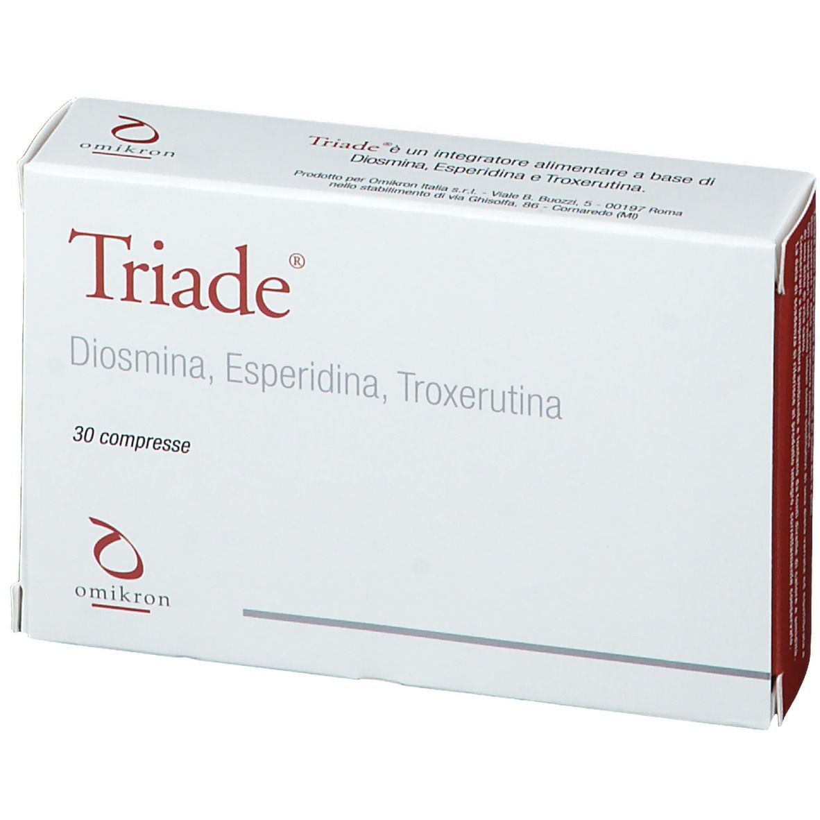 Boîte de comprimés "Triade". Inscriptions: Diosmina, Esperidina, Troxerutina. 30 comprimés. Logo Omikron.