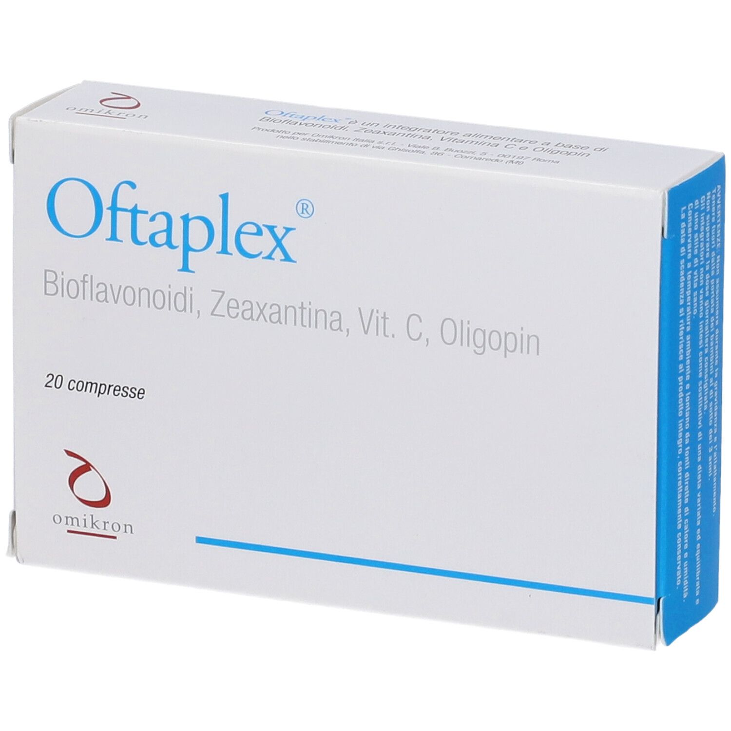 Scatola Oftaplex bianca, nome del prodotto, ingredienti e 20 compresse. Logo Omikron.