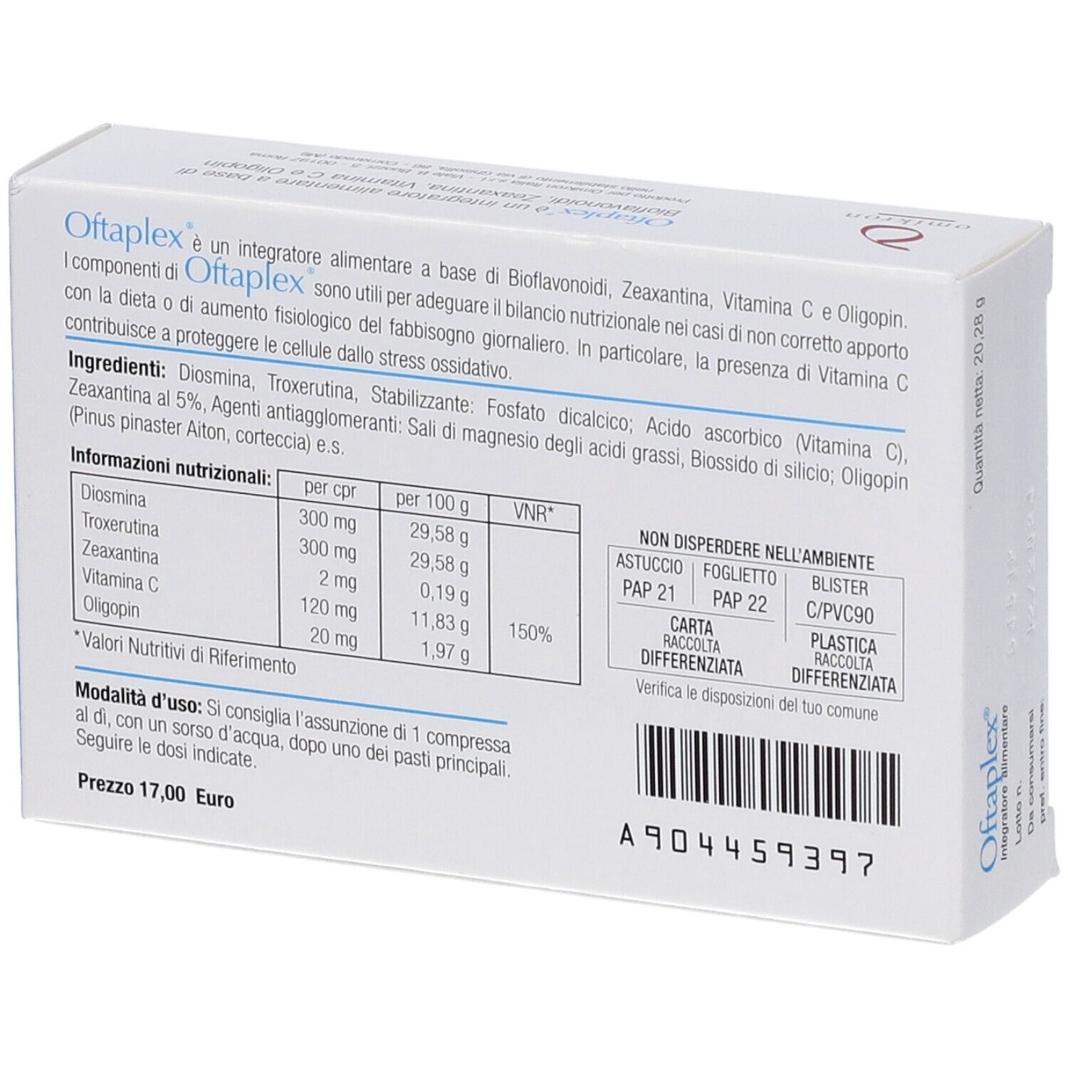 Retro della confezione Oftaplex. Ingredienti, informazioni nutrizionali, dosaggio e informazioni produttore.