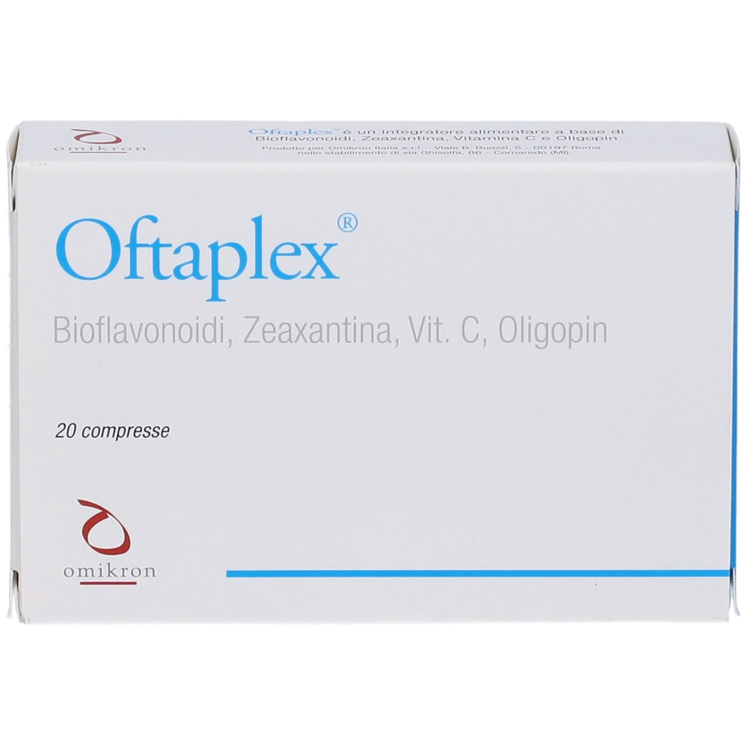 Confezione Oftaplex bianca e blu. Nome del prodotto, ingredienti e 20 compresse.