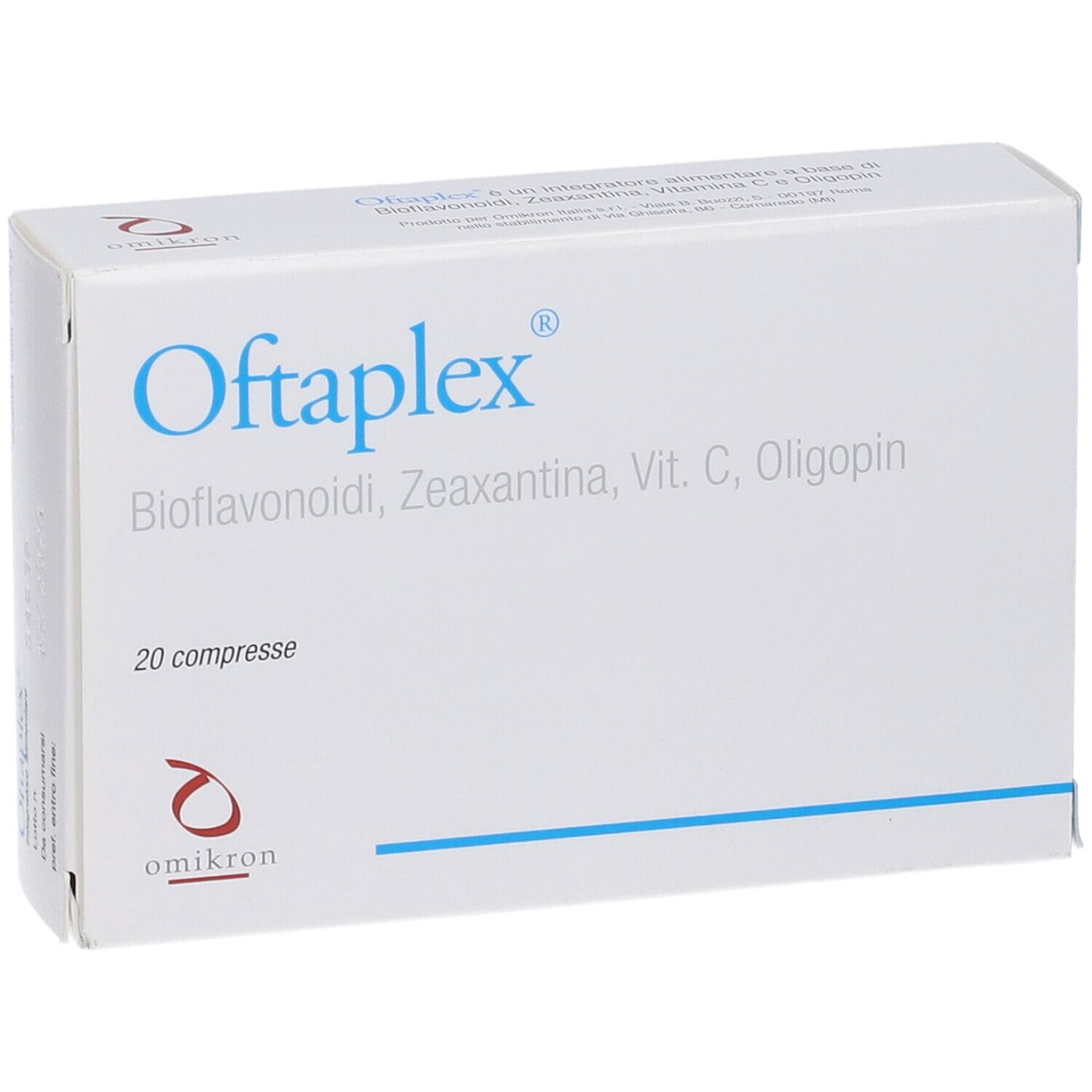 Confezione Oftaplex bianca e blu. Nome del prodotto, ingredienti e 20 compresse.