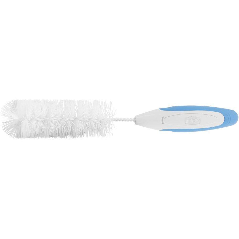 Spazzola con testa a setole bianche e manico blu e bianco. Il manico è di forma ovale.