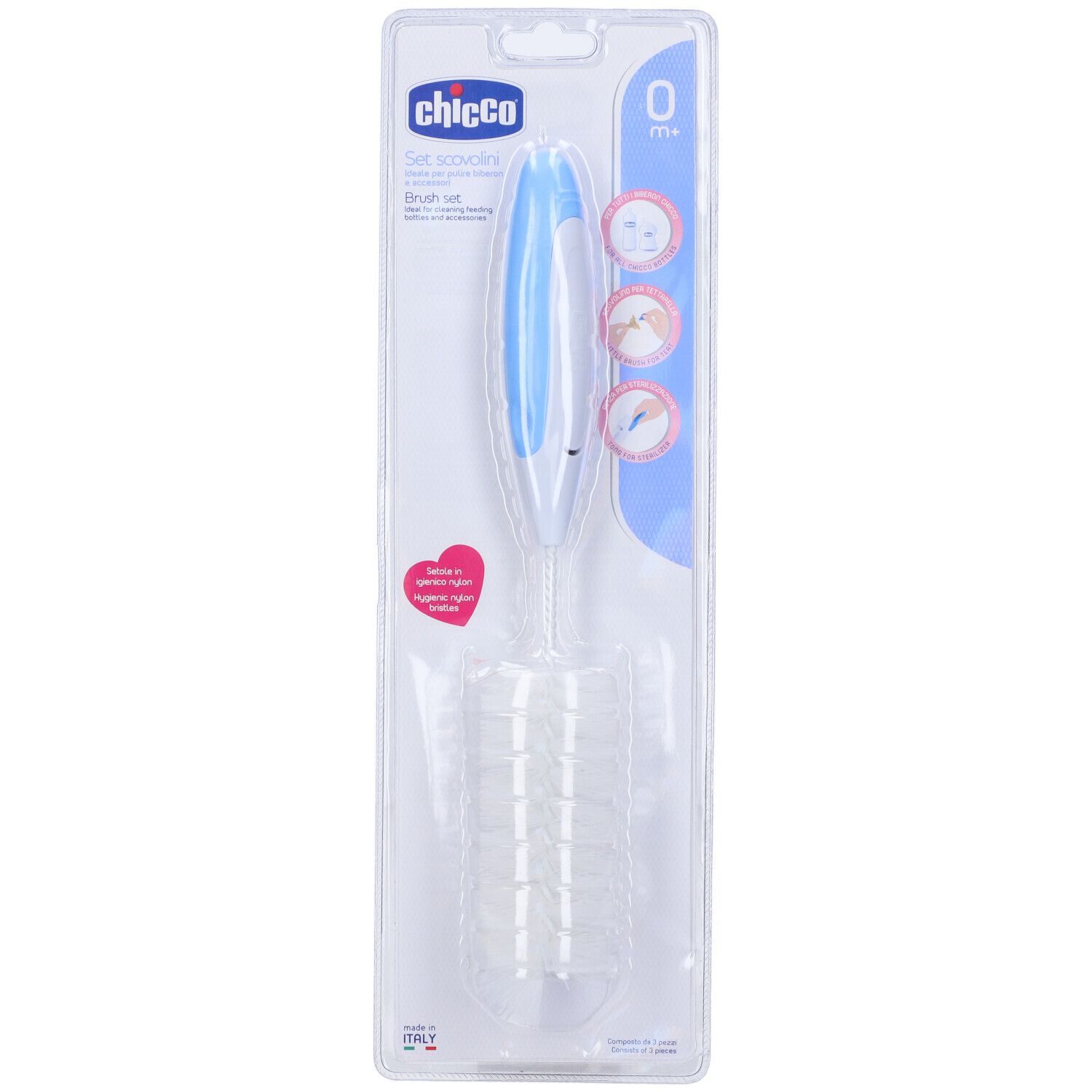 Confezione con scovolino. La spazzola ha un manico blu e bianco. Marchio: Chicco. Età consigliata: 0 m+.
