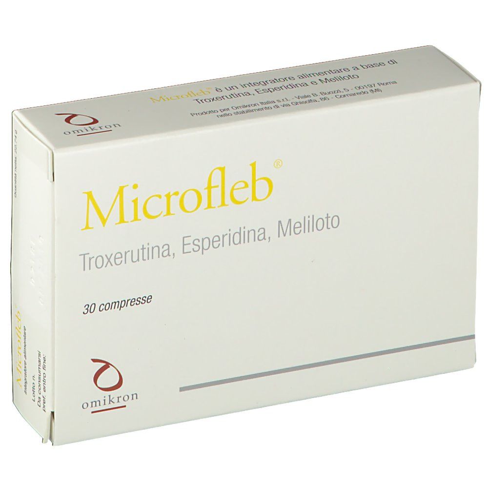 Weiße Schachtel mit gelbem Schriftzug Microfleb. Enthält 30 Tabletten. Marke Omikron.