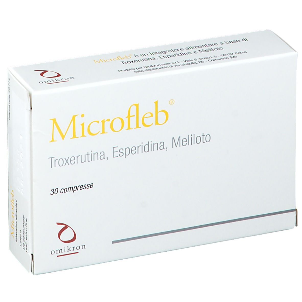 Weiße Schachtel mit gelbem Schriftzug Microfleb. Enthält 30 Tabletten. Marke Omikron.