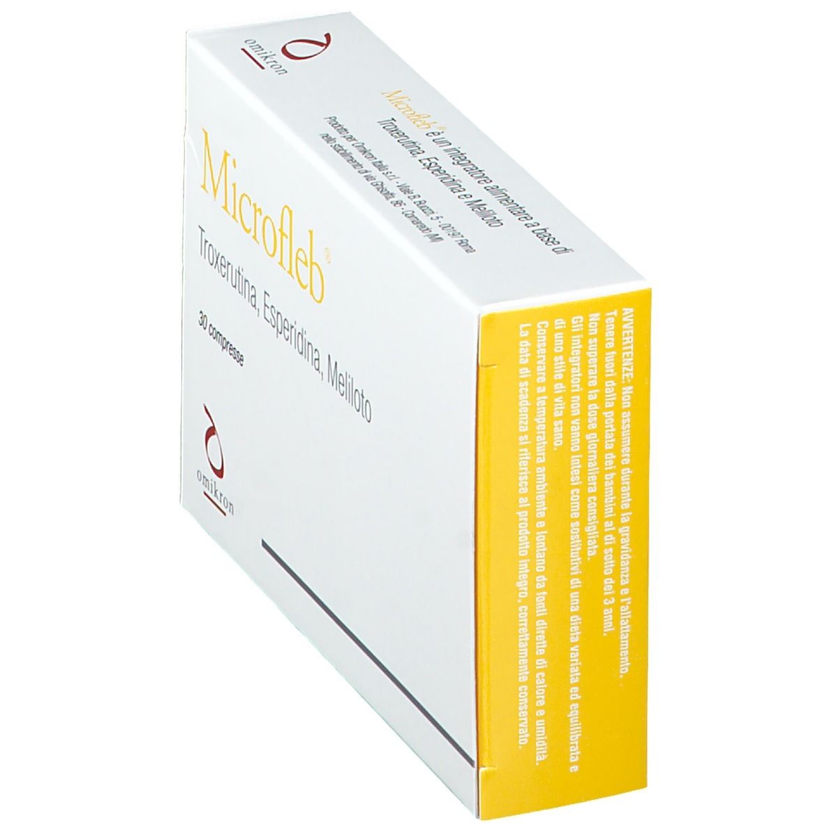 Schachtel Microfleb, weiß mit gelbem Text. Enthält 30 Tabletten. Marke Omikron. Ansicht schräg.
