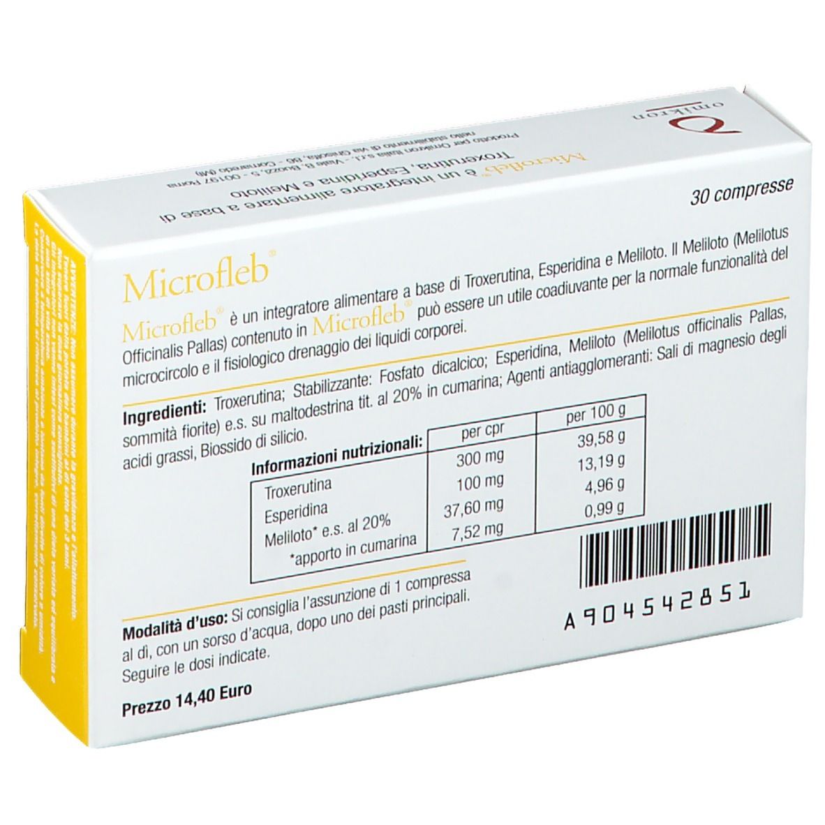 Rückseite der Microfleb-Schachtel. Enthält Informationen zu Inhaltsstoffen und Nährwerten. 30 Tabletten.