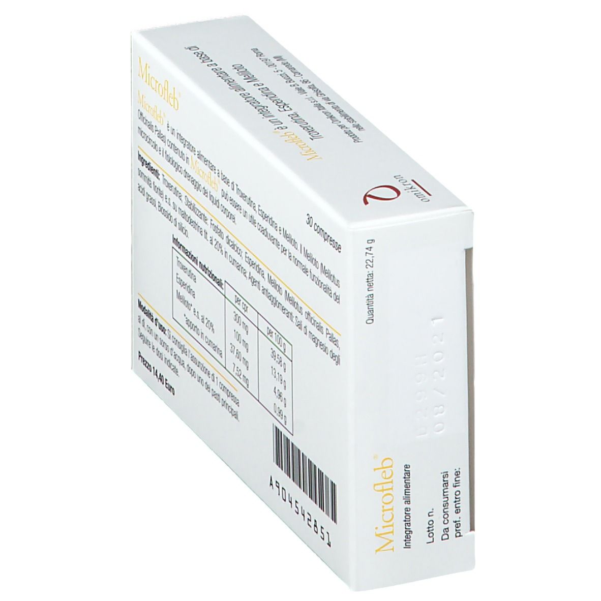 Schachtel Microfleb, Rückseite mit Inhaltsstoffen und Nährwerten. 30 Tabletten. Marke Omikron.