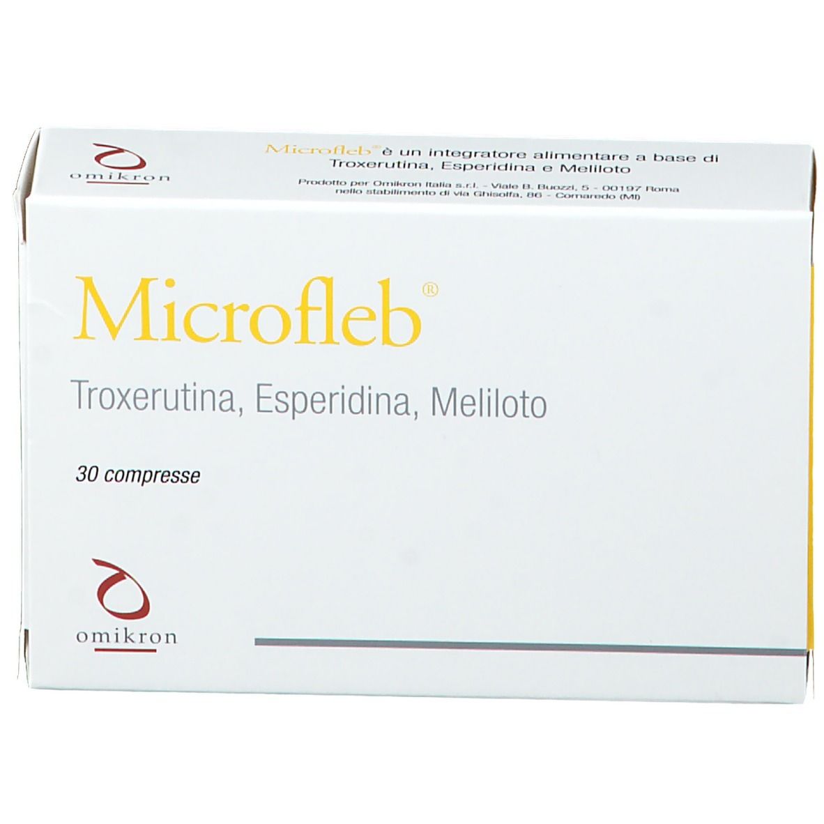 Weiße Schachtel mit gelbem Schriftzug Microfleb. Enthält 30 Tabletten. Marke Omikron.
